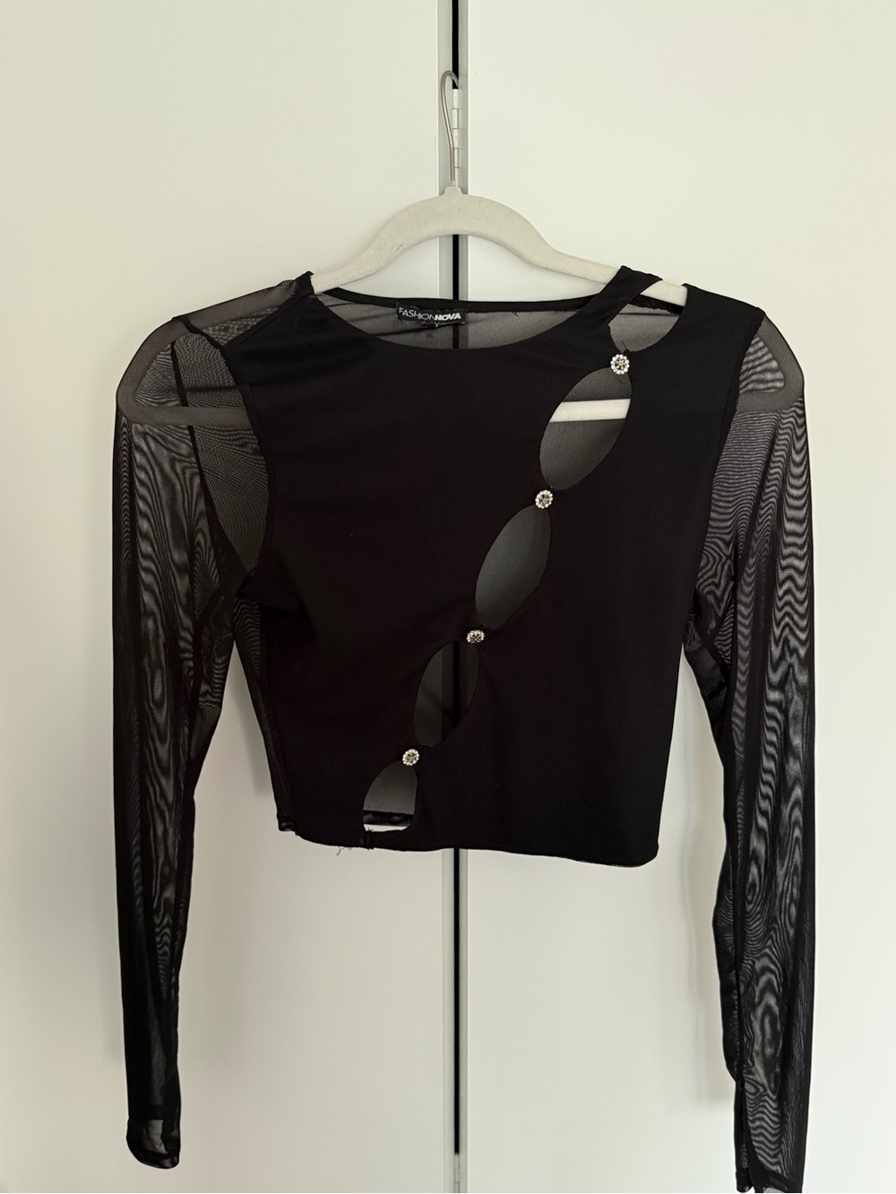 Fashion Nova Black Cutout Mesh Sleeve Crop Top with Rhinestones